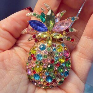 Pineapple Brooch Rhinestone Multicolor Fruit Pin – Almost 3” Tall